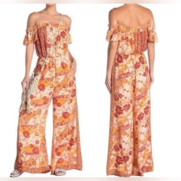 Free People|Carmen Jumpsuit,Boho floral wide leg jumpsuit-off the shoulders••• - Picture 5 of 15
